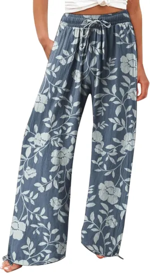 Women's Wide Leg Pants Womens Cotton Casual Loose Pants Comfy Work Pants with Pockets Elastic High Waist Paper Bag