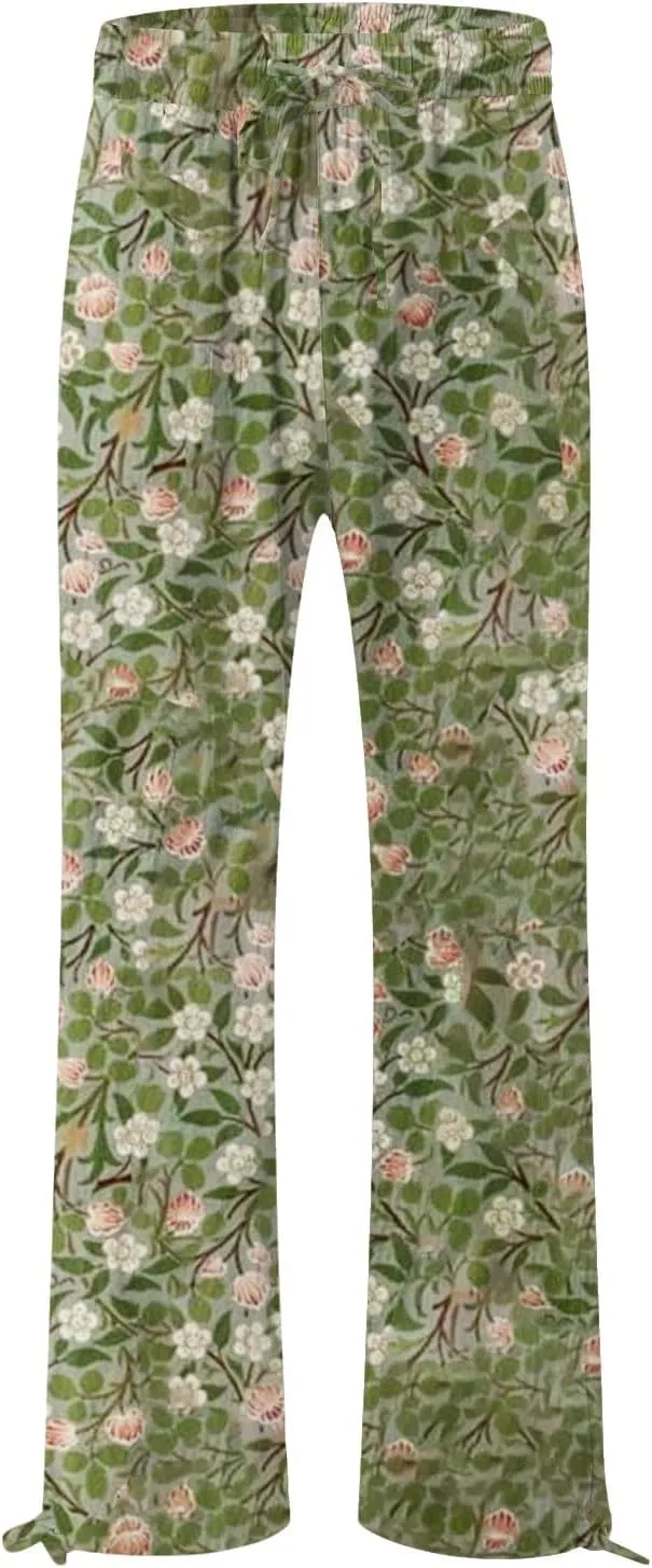 Women's Wide Leg Pants Womens Cotton Casual Loose Pants Comfy Work Pants with Pockets Elastic High Waist Paper Bag
