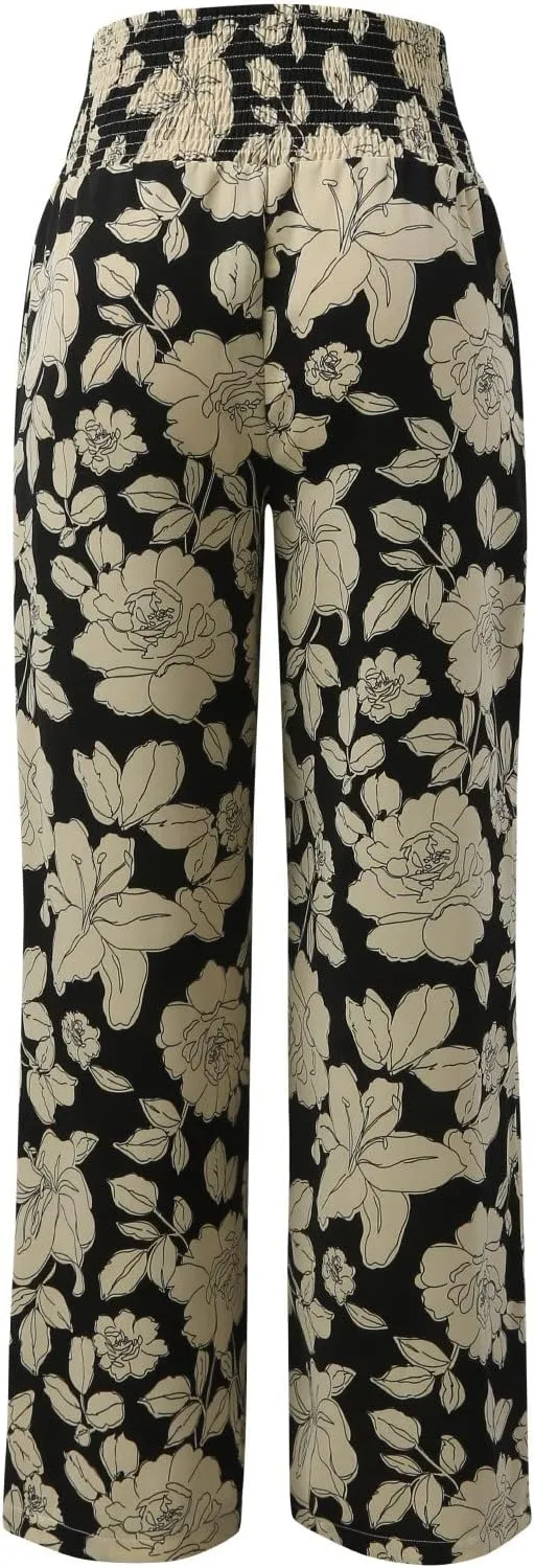 Women's Wide Leg Pants Womens Cotton Casual Loose Pants Comfy Work Pants with Pockets Elastic High Waist Paper Bag