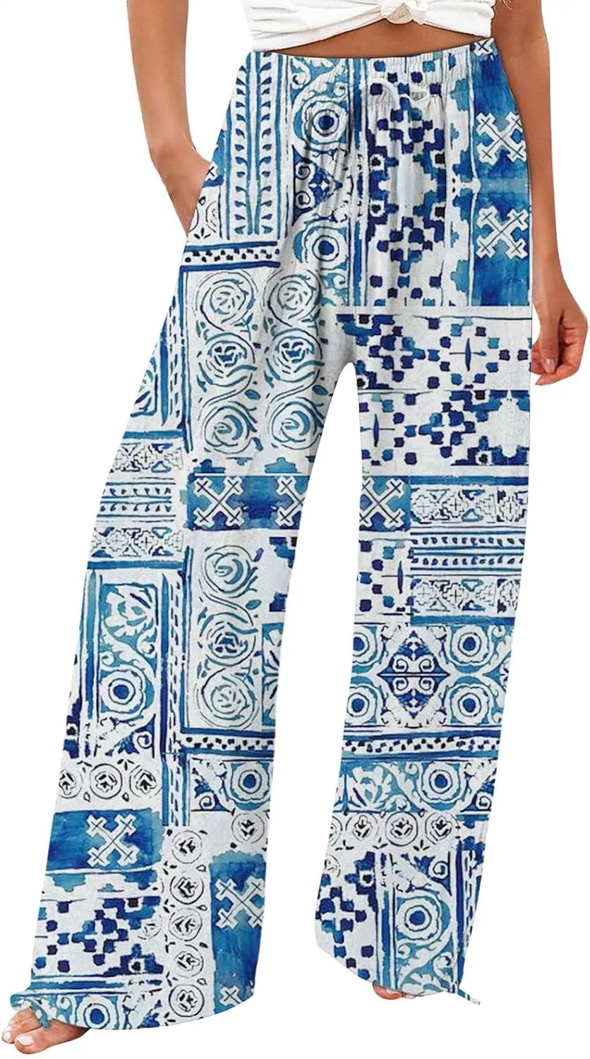Women's Wide Leg Pants Womens Cotton Casual Loose Pants Comfy Work Pants with Pockets Elastic High Waist Paper Bag
