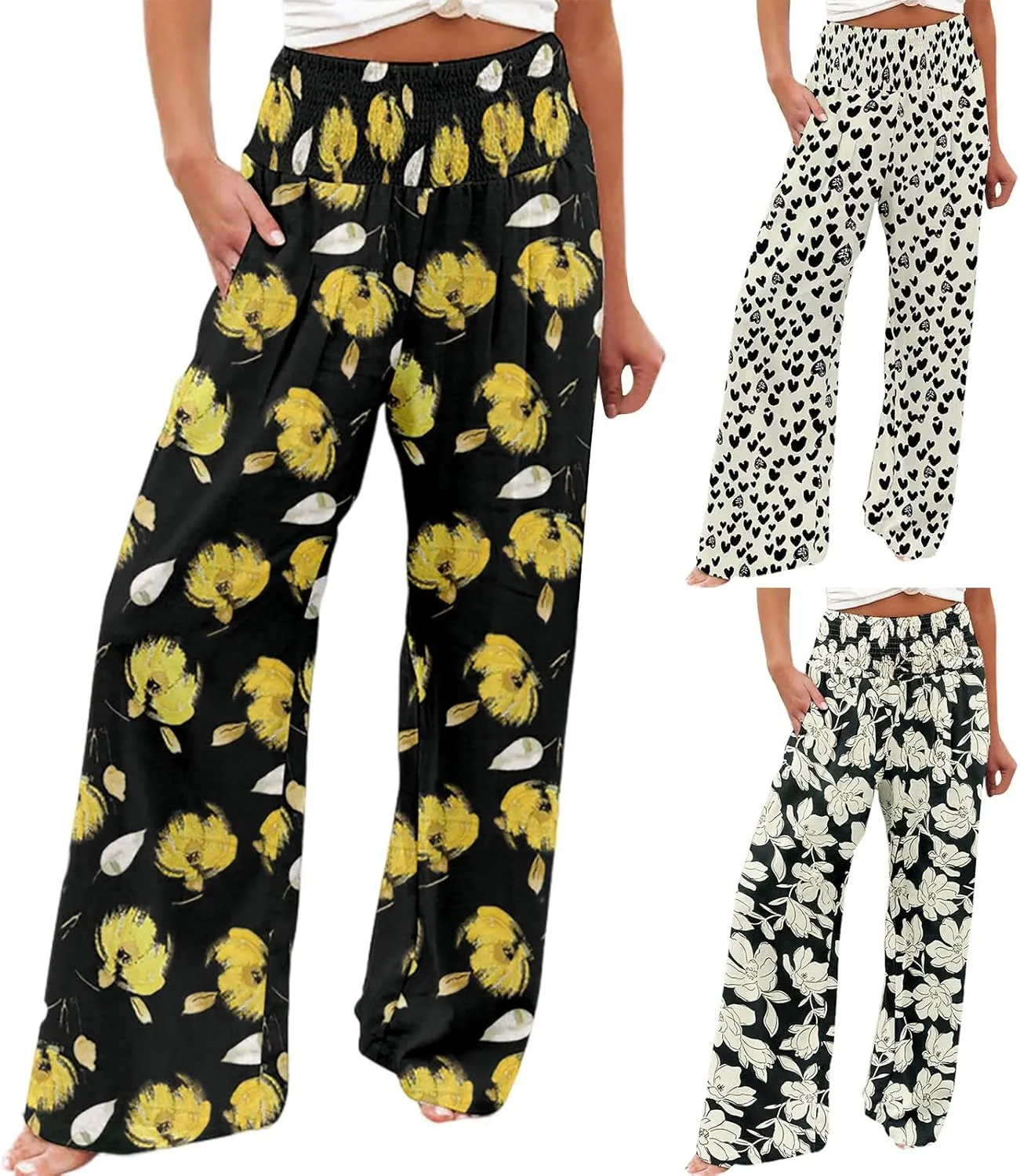 Women's Wide Leg Pants Womens Cotton Casual Loose Pants Comfy Work Pants with Pockets Elastic High Waist Paper Bag