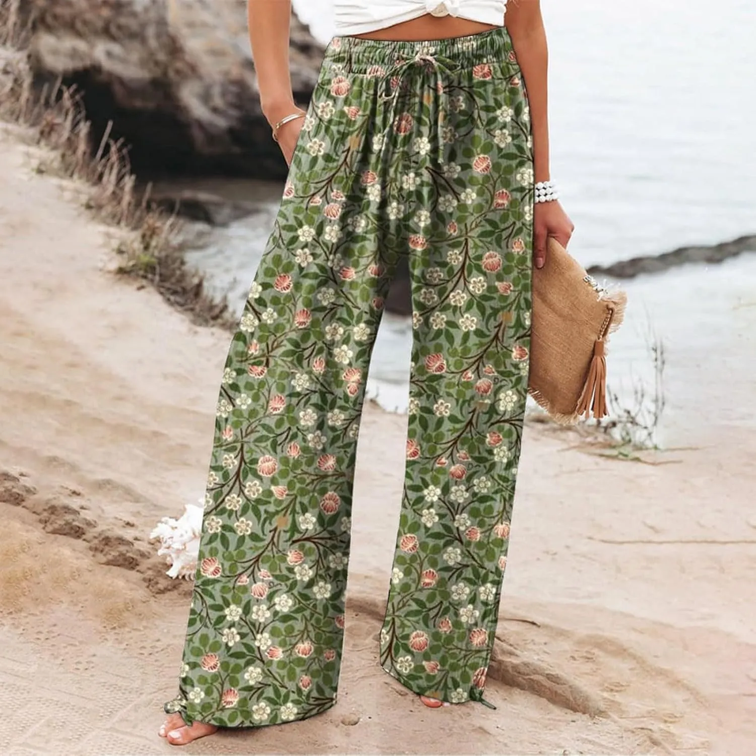 Women's Wide Leg Pants Womens Cotton Casual Loose Pants Comfy Work Pants with Pockets Elastic High Waist Paper Bag