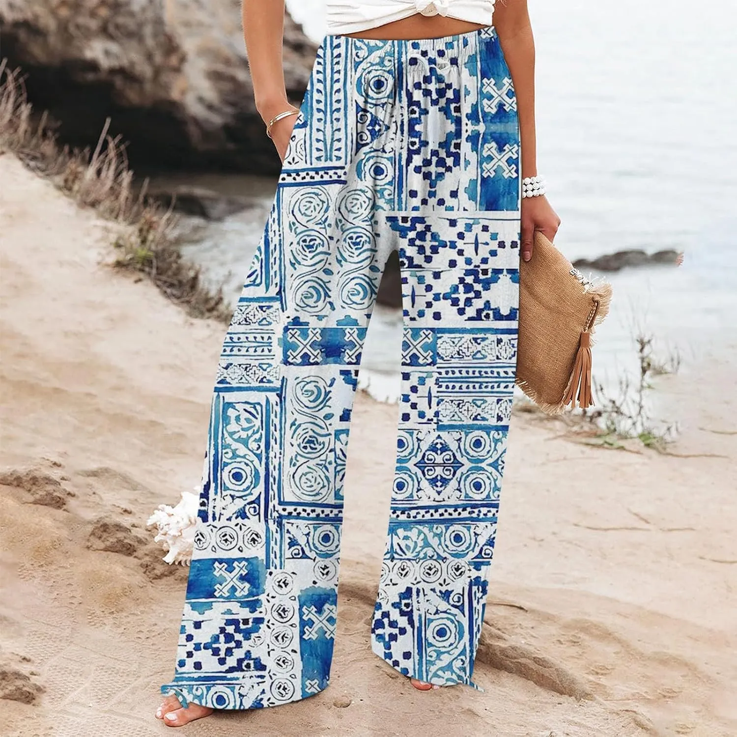 Women's Wide Leg Pants Womens Cotton Casual Loose Pants Comfy Work Pants with Pockets Elastic High Waist Paper Bag
