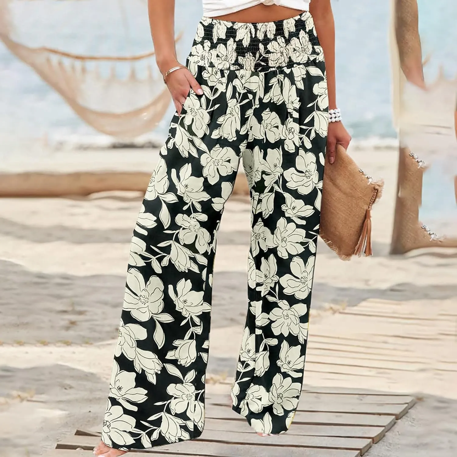 Women's Wide Leg Pants Womens Cotton Casual Loose Pants Comfy Work Pants with Pockets Elastic High Waist Paper Bag