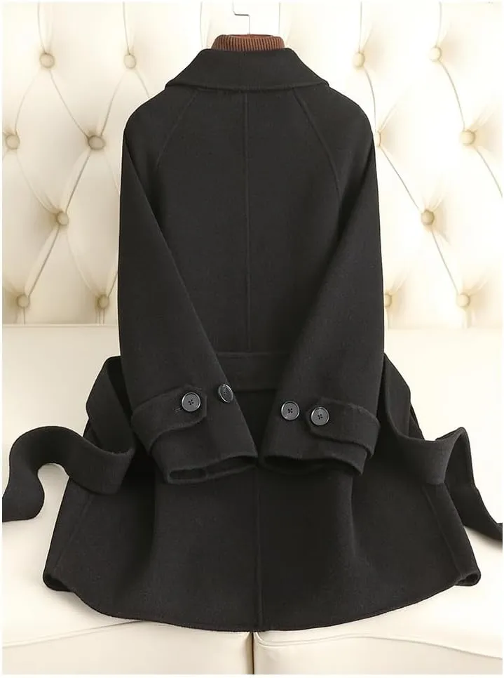 Women's Wool Jacket OL Vintage Wool Blend Pea Trench Coat Elegant Black Jacket with Belts(L Code)