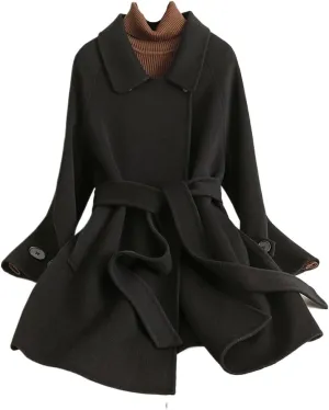 Women's Wool Jacket OL Vintage Wool Blend Pea Trench Coat Elegant Black Jacket with Belts(L Code)