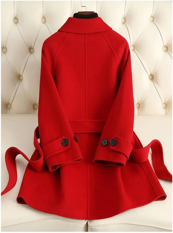 Women's Wool Jacket OL Vintage Wool Blend Pea Trench Coat Elegant Red Jacket with Belts(L Code)