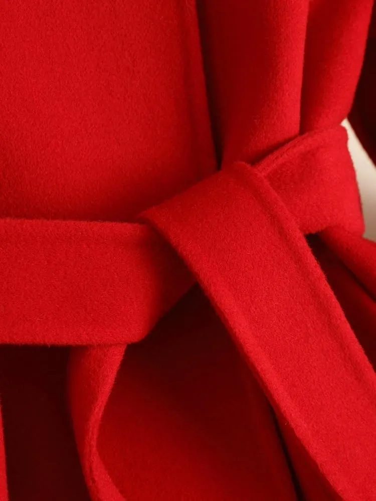 Women's Wool Jacket OL Vintage Wool Blend Pea Trench Coat Elegant Red Jacket with Belts(L Code)