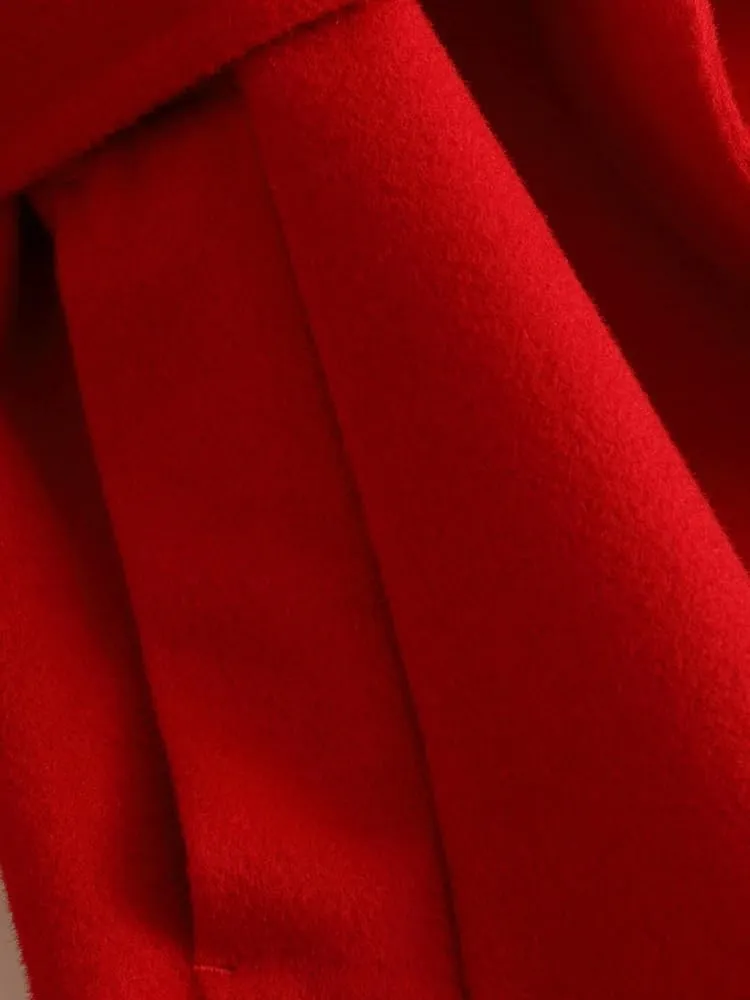 Women's Wool Jacket OL Vintage Wool Blend Pea Trench Coat Elegant Red Jacket with Belts(L Code)