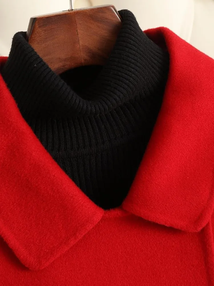 Women's Wool Jacket OL Vintage Wool Blend Pea Trench Coat Elegant Red Jacket with Belts(L Code)