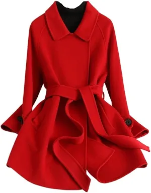 Women's Wool Jacket OL Vintage Wool Blend Pea Trench Coat Elegant Red Jacket with Belts(L Code)