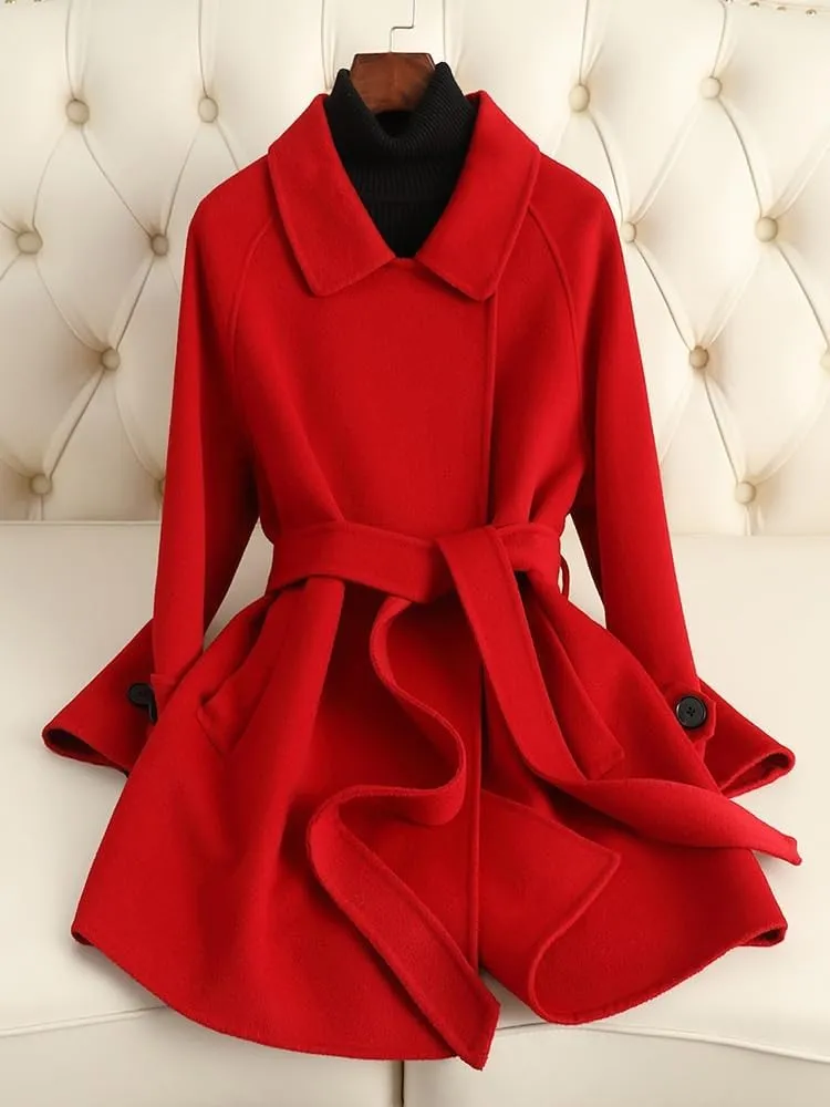 Women's Wool Jacket OL Vintage Wool Blend Pea Trench Coat Elegant Red Jacket with Belts(L Code)