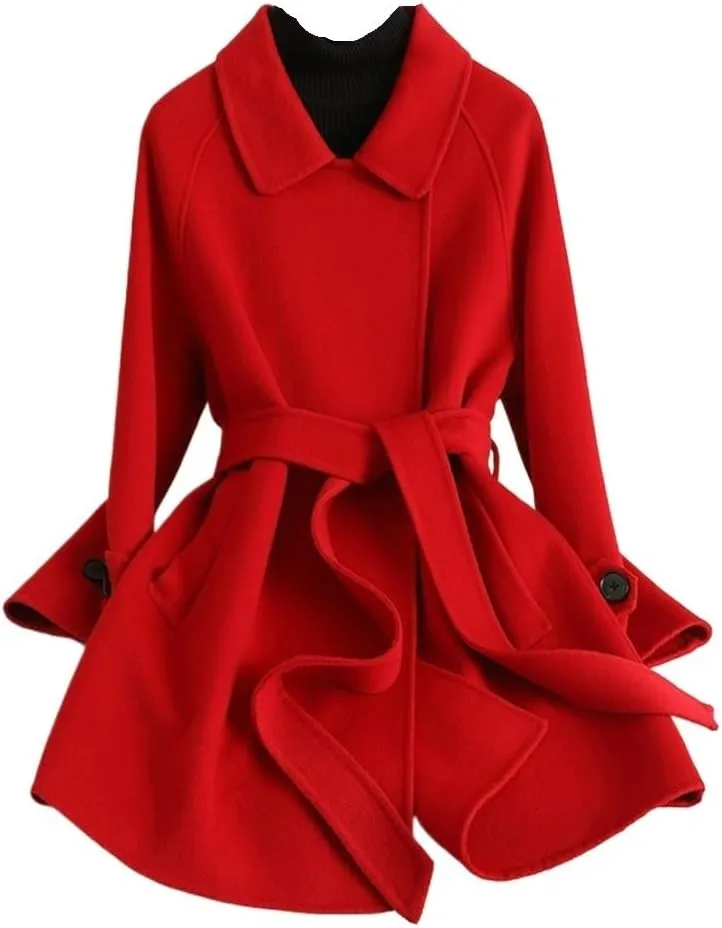 Women's Wool Jacket OL Vintage Wool Blend Pea Trench Coat Elegant Red Jacket with Belts(L Code)