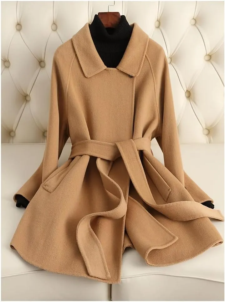 Women's Wool Jacket OL Vintage Wool Blend Pea Trench Coat Elegant Yellow Jacket with Belts(S Code)