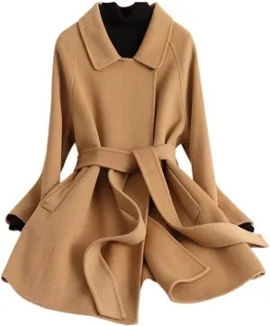 Women's Wool Jacket OL Vintage Wool Blend Pea Trench Coat Elegant Yellow Jacket with Belts(S Code)