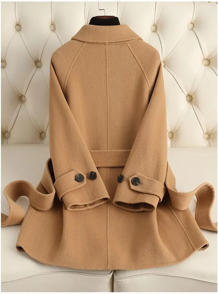 Women's Wool Jacket OL Vintage Wool Blend Pea Trench Coat Elegant Yellow Jacket with Belts(S Code)