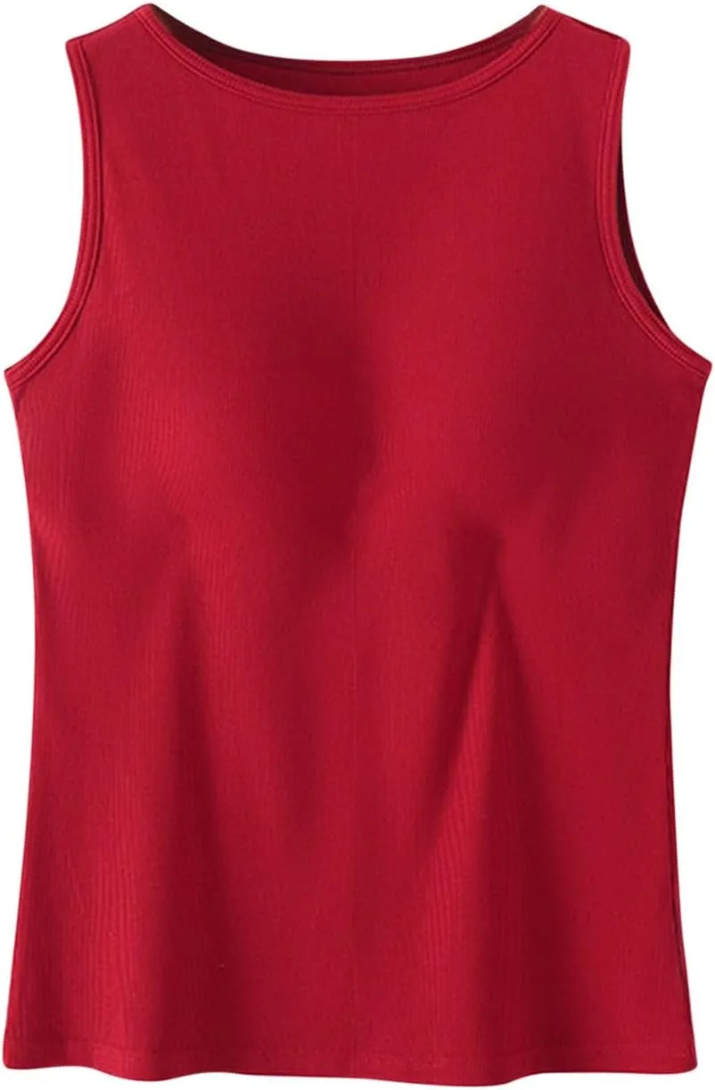 Womne Ribbed Tank Top with Built in Bra Sleevless Slim Fitted Push Up Padded Bra Tanks Shirt Teen Girls Basic Tee