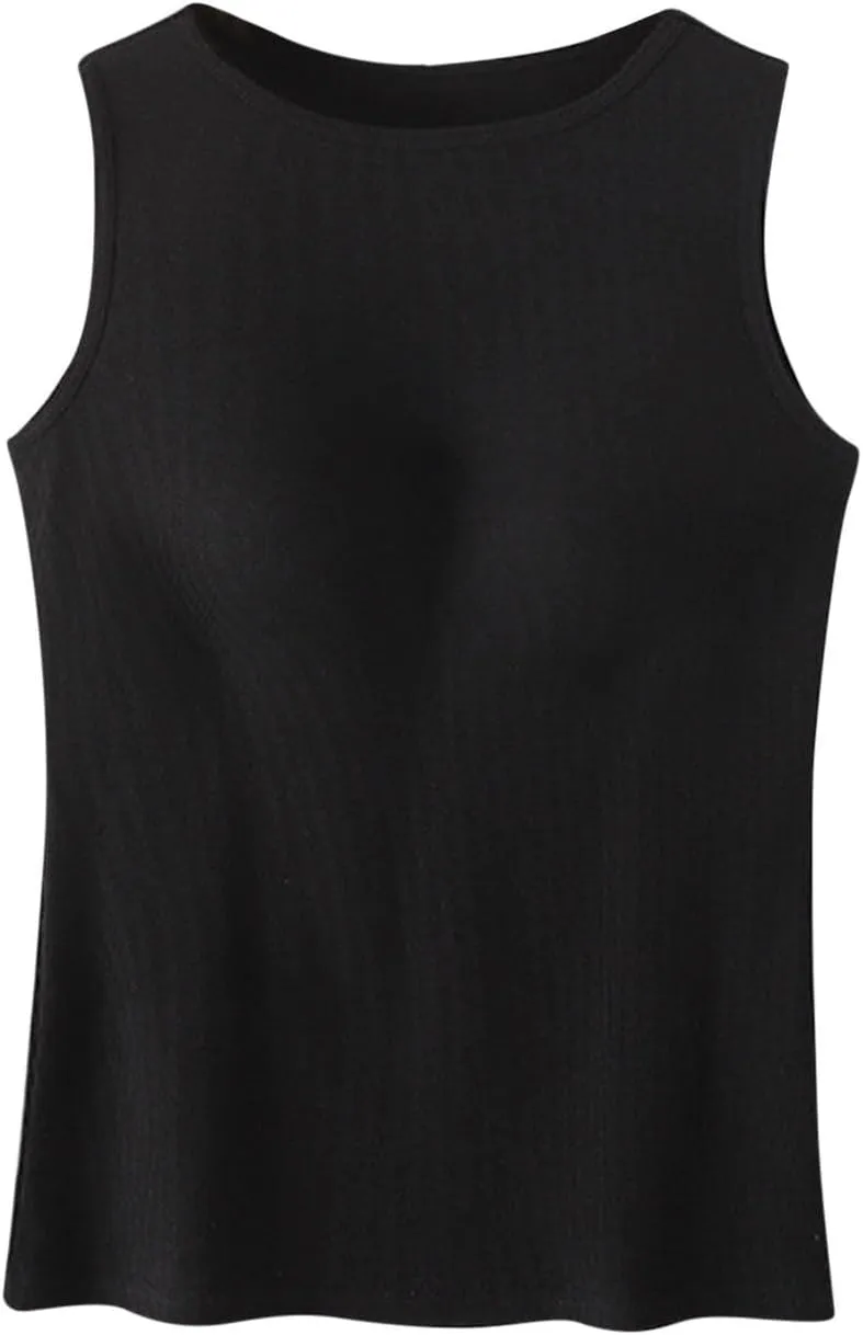 Womne Ribbed Tank Top with Built in Bra Sleevless Slim Fitted Push Up Padded Bra Tanks Shirt Teen Girls Basic Tee