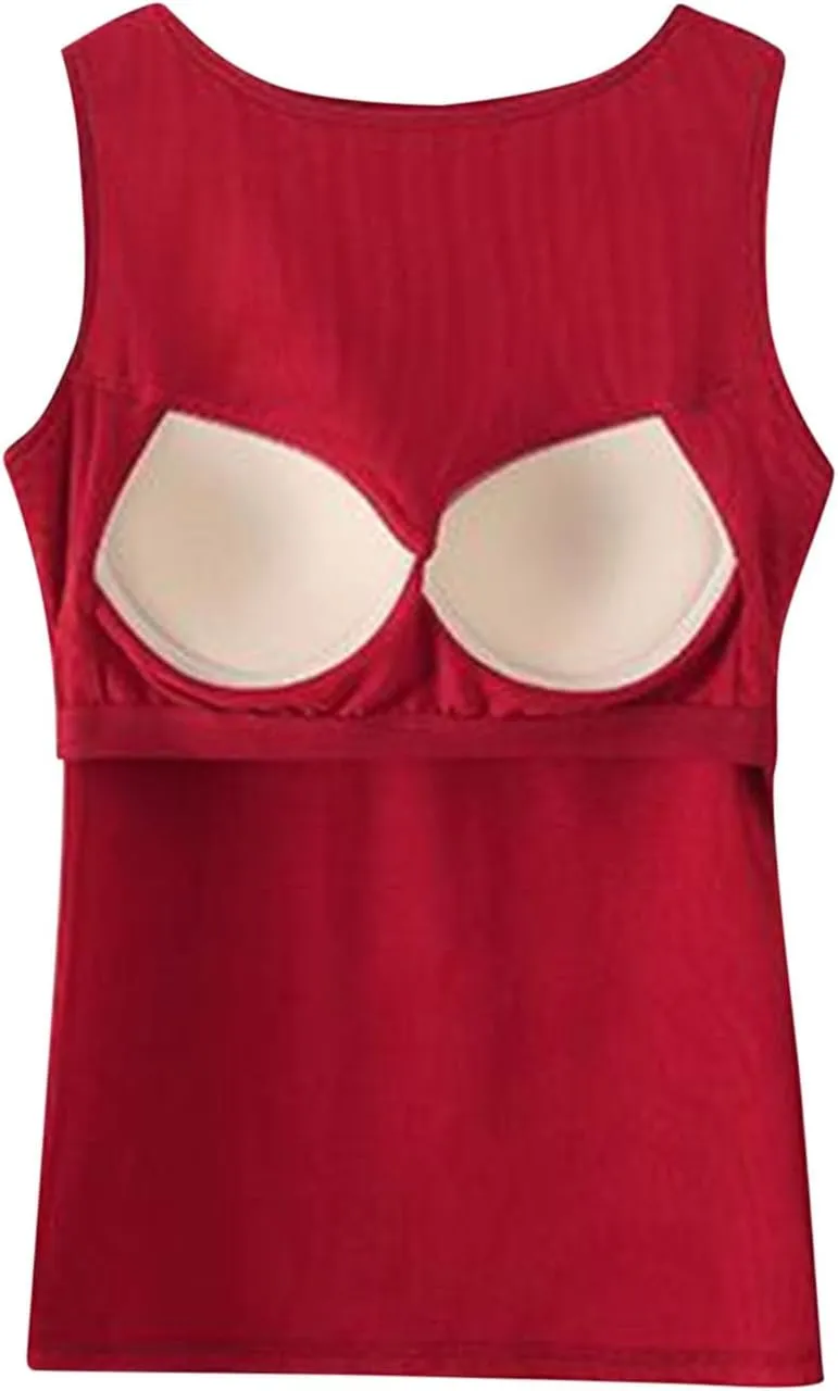 Womne Ribbed Tank Top with Built in Bra Sleevless Slim Fitted Push Up Padded Bra Tanks Shirt Teen Girls Basic Tee