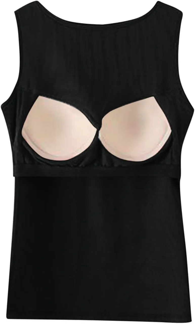 Womne Ribbed Tank Top with Built in Bra Sleevless Slim Fitted Push Up Padded Bra Tanks Shirt Teen Girls Basic Tee
