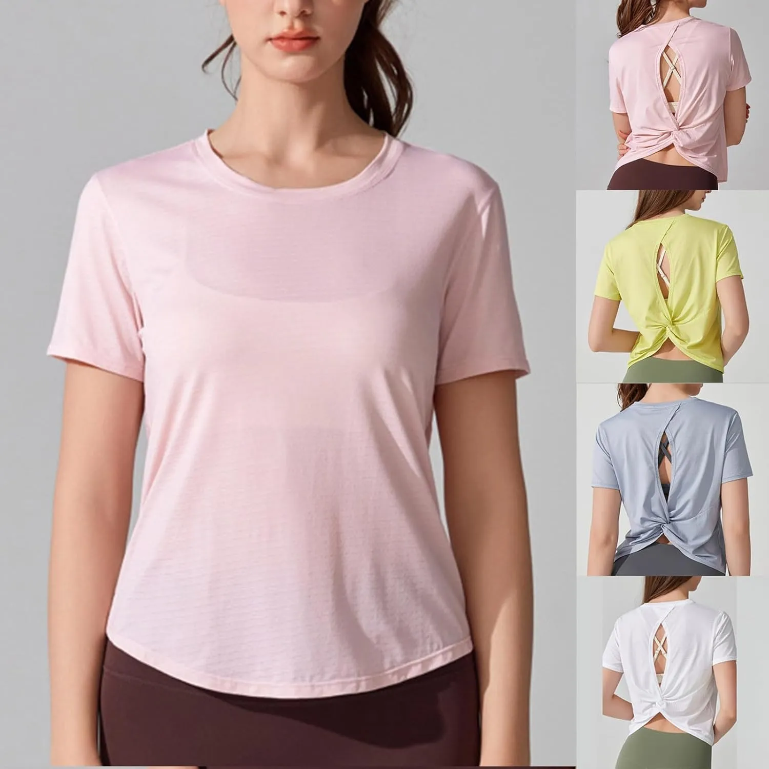 Workout Tops for Women Sexy Twist Knot Hollow Out Back Yoga Shirts Casual Short Sleeve Athletic Running Basic Tees