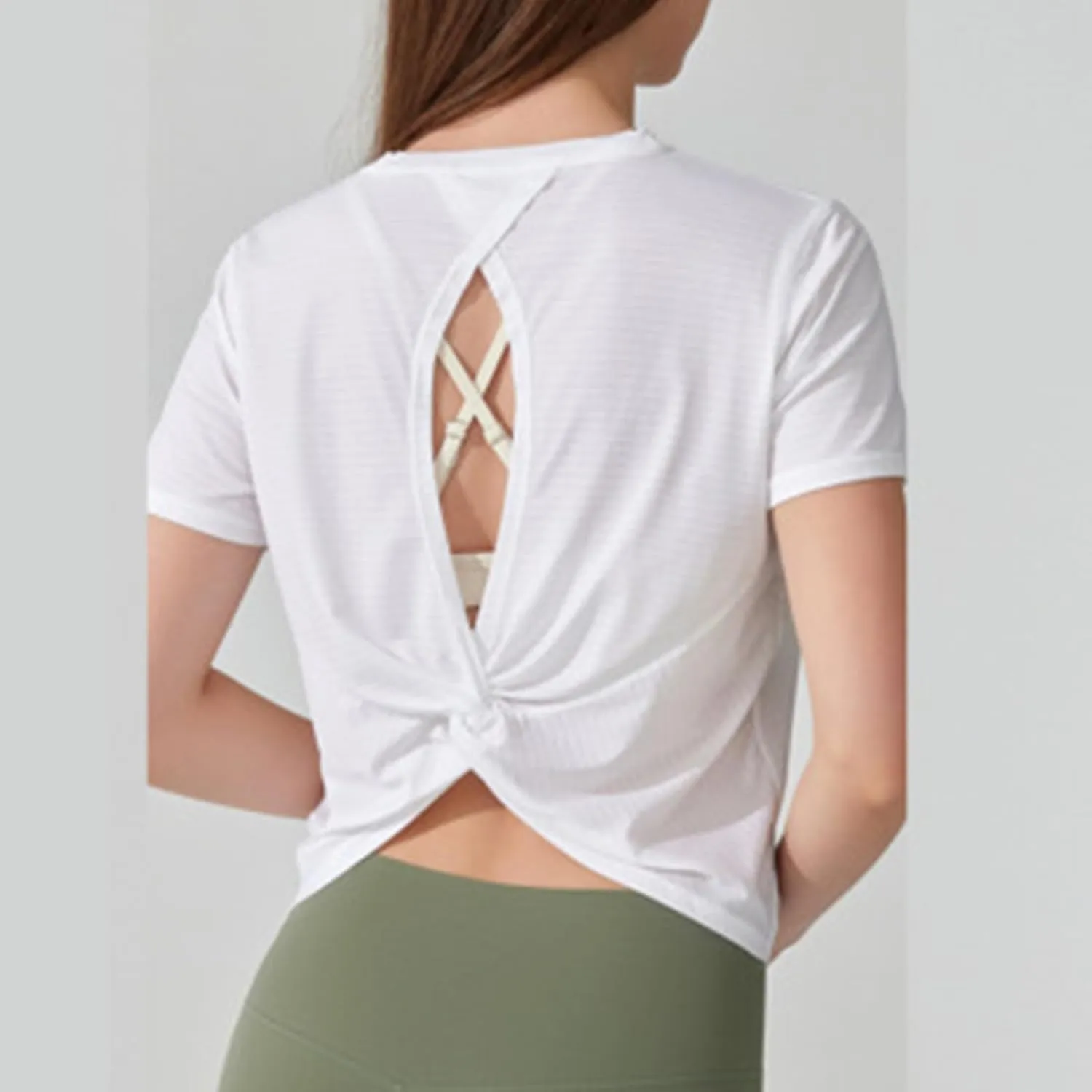 Workout Tops for Women Sexy Twist Knot Hollow Out Back Yoga Shirts Casual Short Sleeve Athletic Running Basic Tees