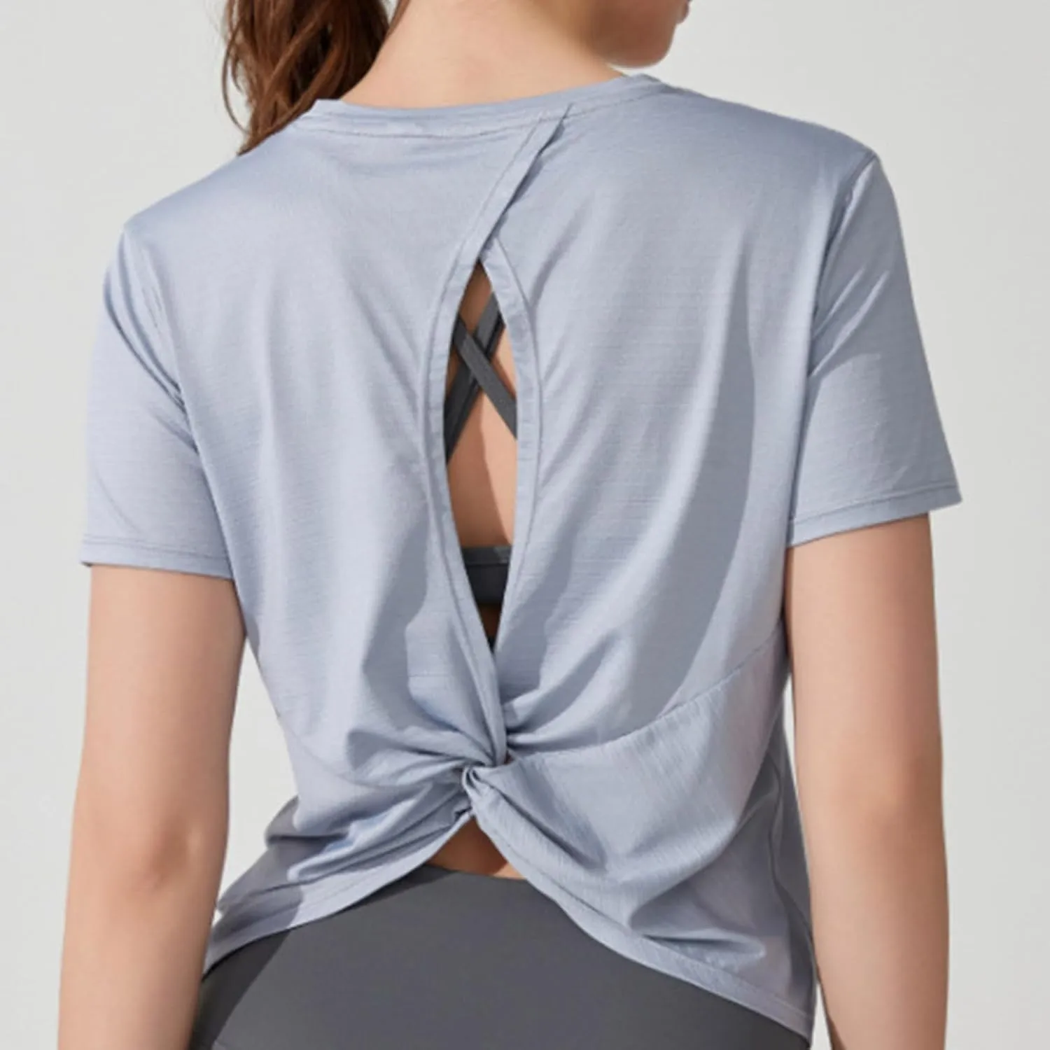 Workout Tops for Women Sexy Twist Knot Hollow Out Back Yoga Shirts Casual Short Sleeve Athletic Running Basic Tees