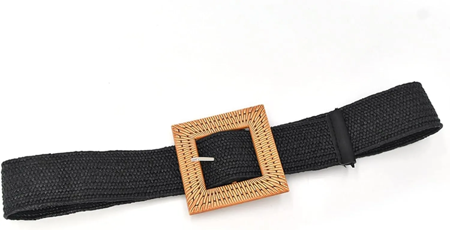 Woven Belt for Women Straw Elastic Stretch Wide Boho Waist Belt with Wooden Style Buckle