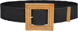 Woven Belt for Women Straw Elastic Stretch Wide Boho Waist Belt with Wooden Style Buckle