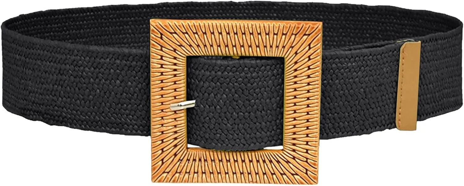 Woven Belt for Women Straw Elastic Stretch Wide Boho Waist Belt with Wooden Style Buckle