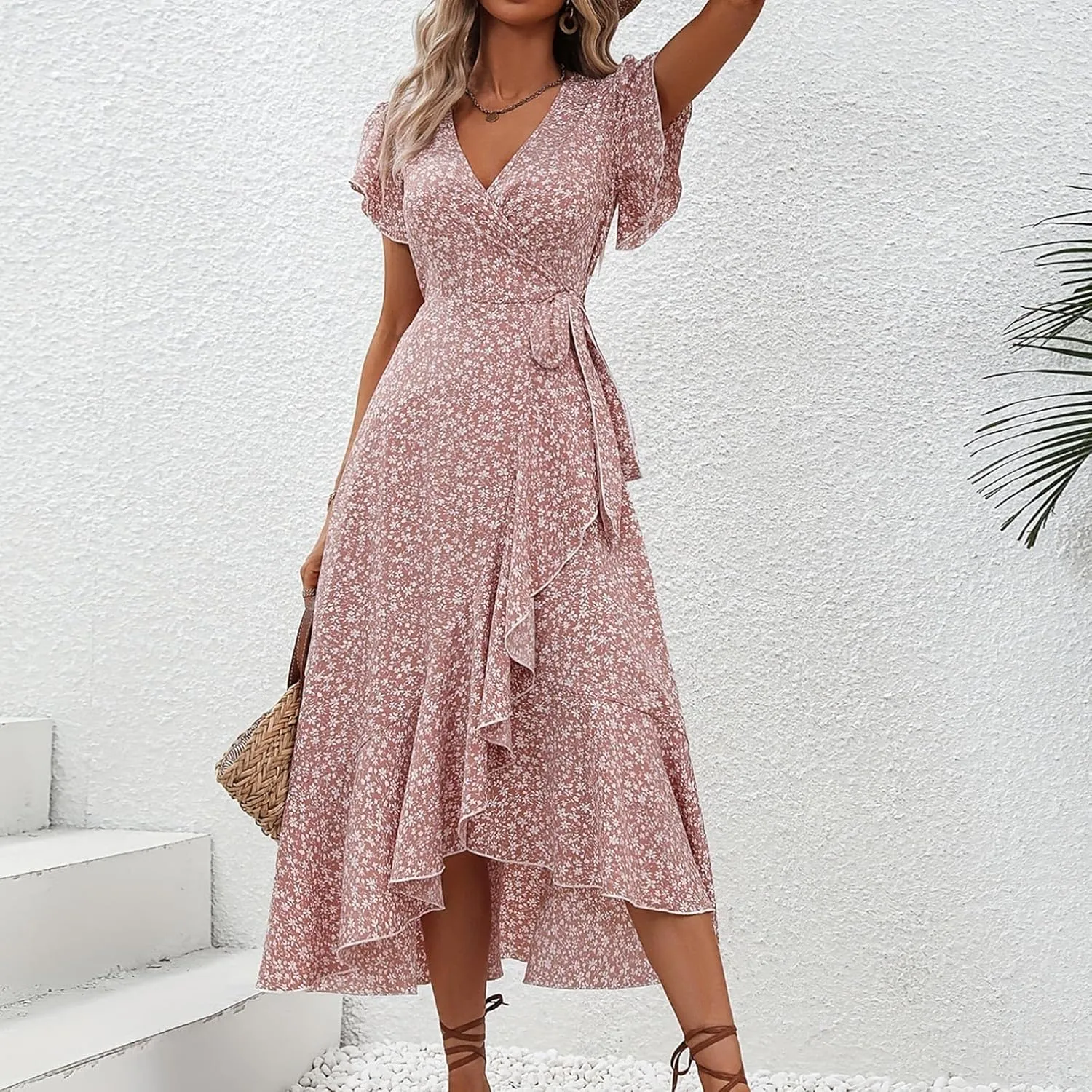 Wrap Dresses for Women 2025 Summer Sexy V Neck Short Sleeve Floral Dress High Waist Split Ruffle Boho Midi Dresses