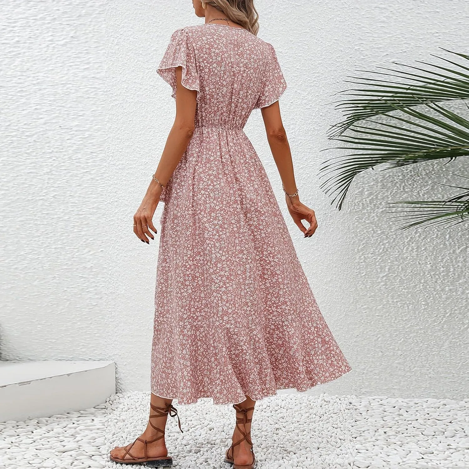 Wrap Dresses for Women 2025 Summer Sexy V Neck Short Sleeve Floral Dress High Waist Split Ruffle Boho Midi Dresses