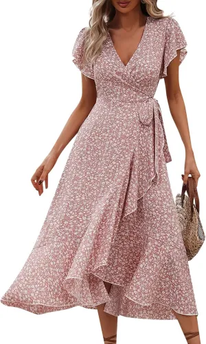 Wrap Dresses for Women 2025 Summer Sexy V Neck Short Sleeve Floral Dress High Waist Split Ruffle Boho Midi Dresses