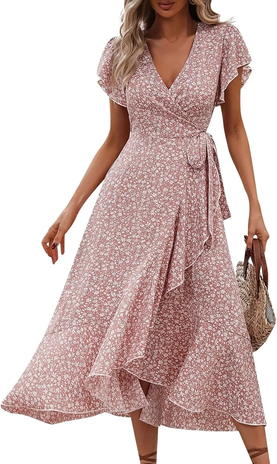 Wrap Dresses for Women 2025 Summer Sexy V Neck Short Sleeve Floral Dress High Waist Split Ruffle Boho Midi Dresses