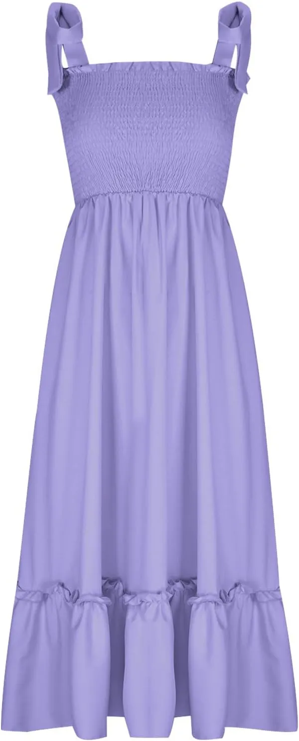XUNRYAN 2025 Women's Summer Boho Spaghetti Strap Dresses Square Neck Tiered Ruffle A Line Beach Long Maxi Dress Sundress