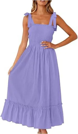XUNRYAN 2025 Women's Summer Boho Spaghetti Strap Dresses Square Neck Tiered Ruffle A Line Beach Long Maxi Dress Sundress