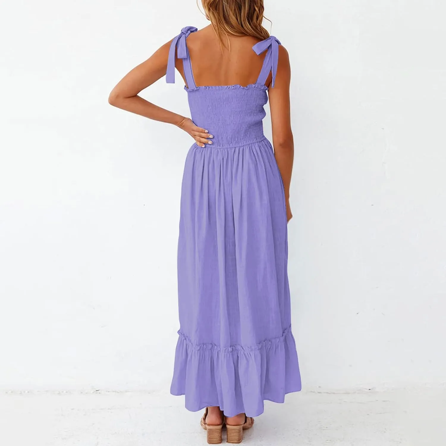 XUNRYAN 2025 Women's Summer Boho Spaghetti Strap Dresses Square Neck Tiered Ruffle A Line Beach Long Maxi Dress Sundress