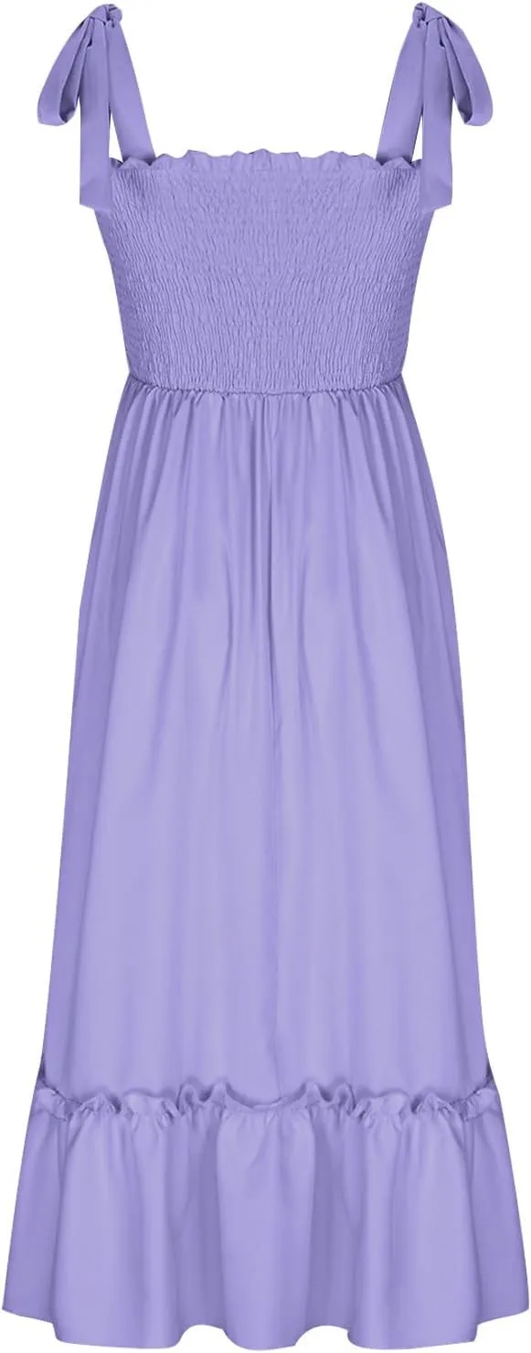 XUNRYAN 2025 Women's Summer Boho Spaghetti Strap Dresses Square Neck Tiered Ruffle A Line Beach Long Maxi Dress Sundress