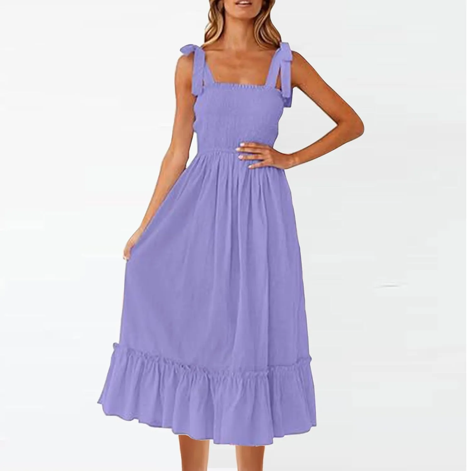 XUNRYAN 2025 Women's Summer Boho Spaghetti Strap Dresses Square Neck Tiered Ruffle A Line Beach Long Maxi Dress Sundress