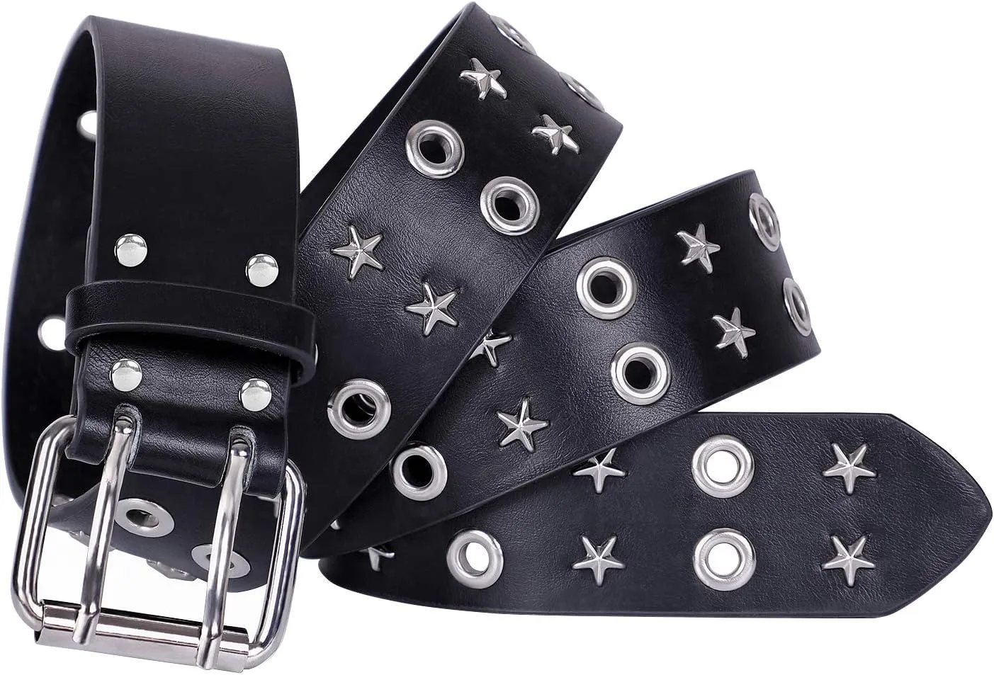 XZQTIVE Double Grommet PU Leather Belt for Women Men Punk metal Jean Belt Wide 1.5 Inch