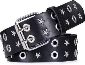 XZQTIVE Double Grommet PU Leather Belt for Women Men Punk metal Jean Belt Wide 1.5 Inch