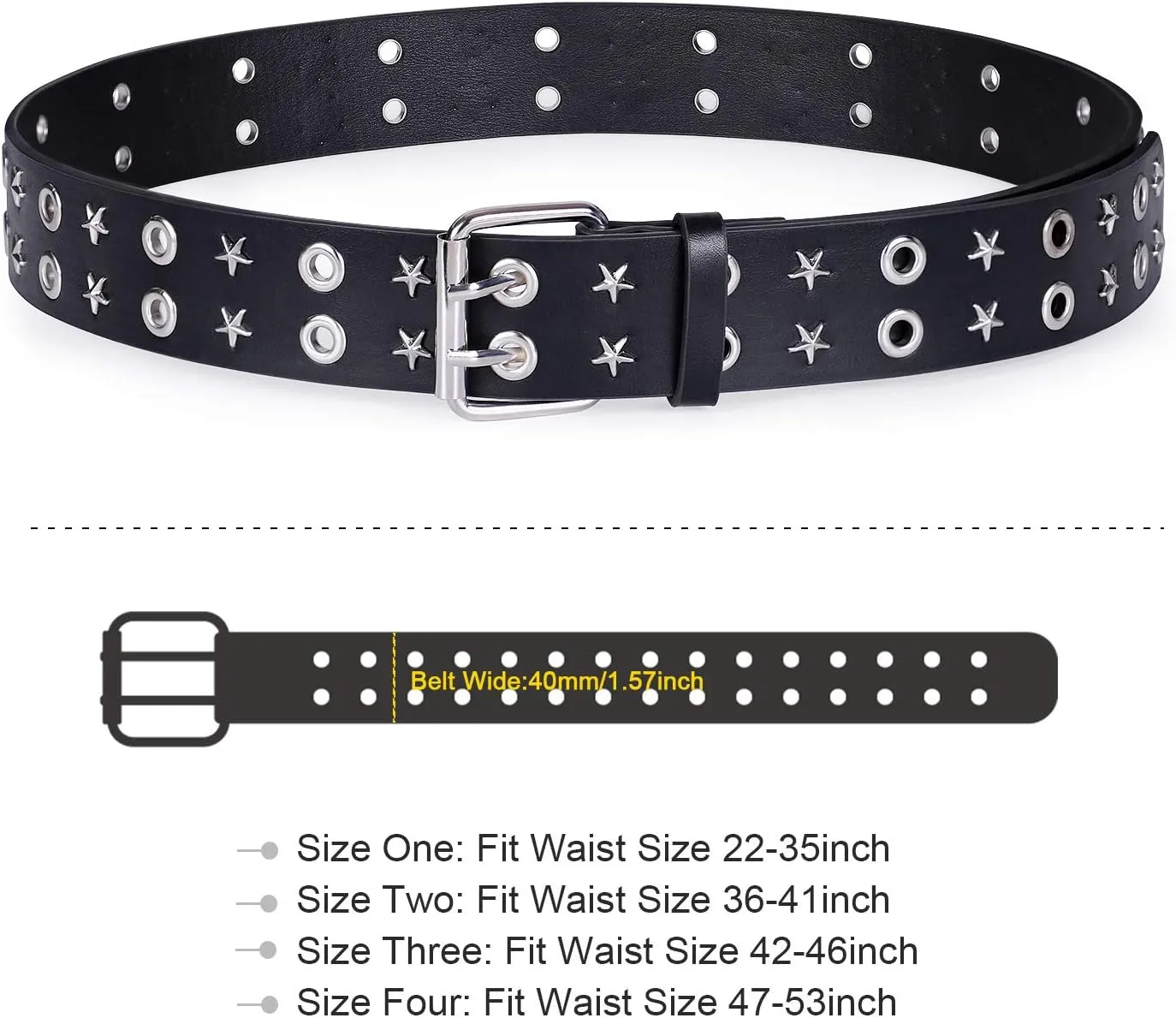 XZQTIVE Double Grommet PU Leather Belt for Women Men Punk metal Jean Belt Wide 1.5 Inch