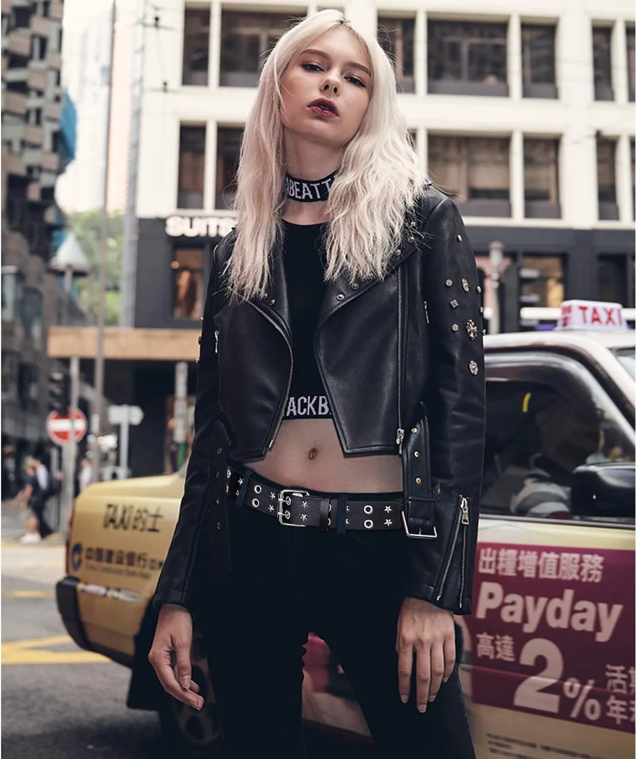 XZQTIVE Double Grommet PU Leather Belt for Women Men Punk metal Jean Belt Wide 1.5 Inch