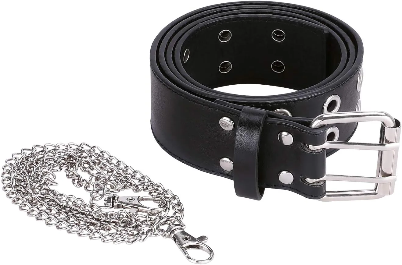 XZQTIVE Double Grommet PU Leather Belt for Women Men Punk metal Jean Belt Wide 1.5 Inch