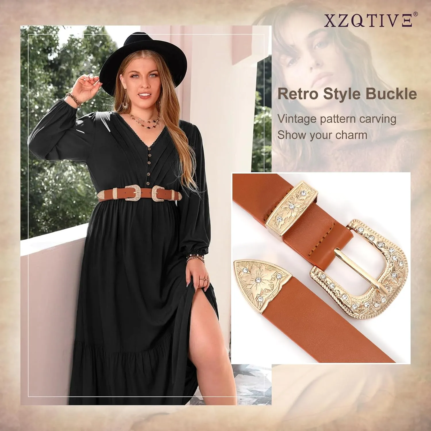 XZQTIVE Women Leather Belt Ladies Vintage Western Belt Retro Cowgirl Leather Belt Black Waist Belt for Pants Jeans Dresses