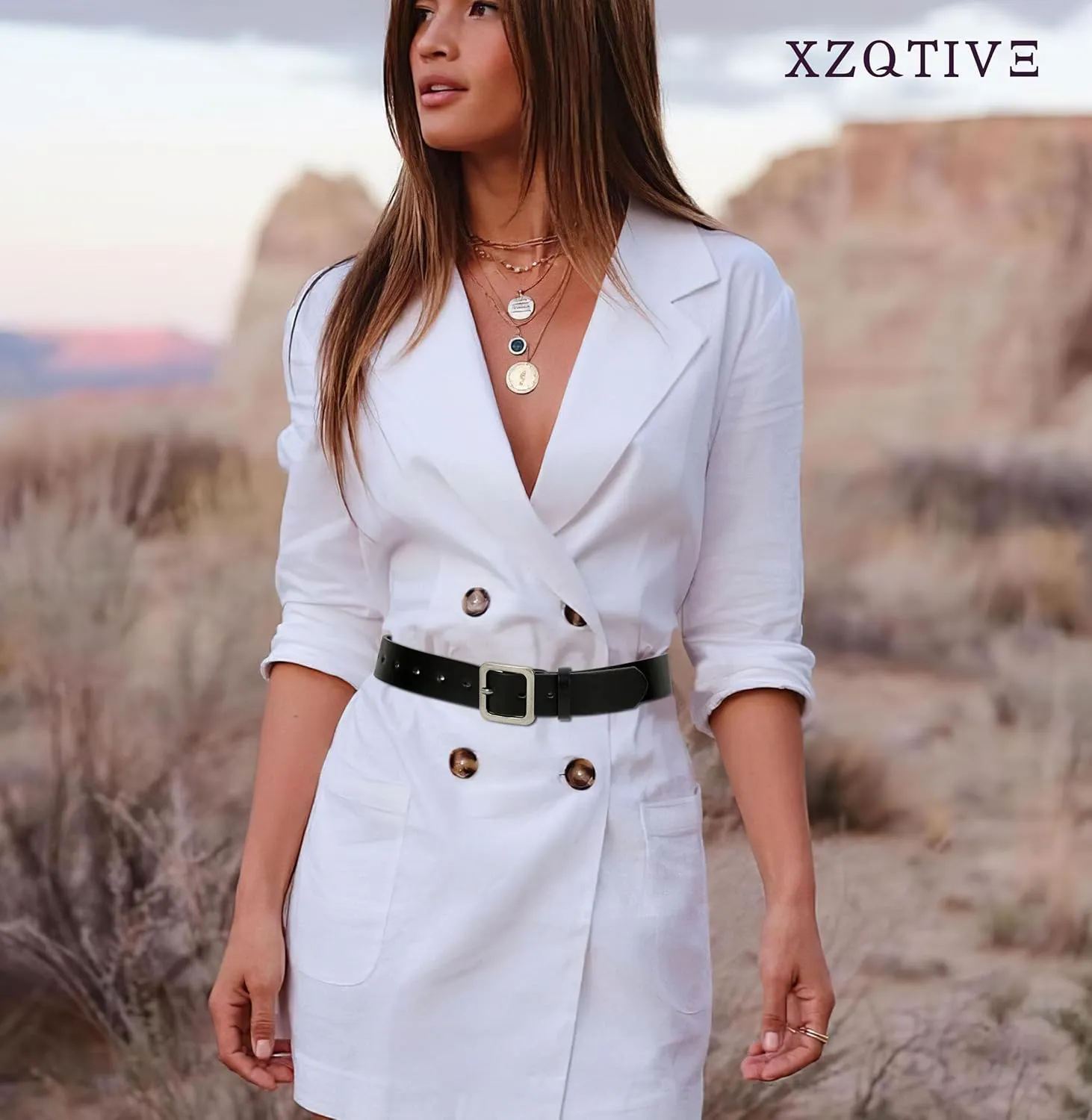 XZQTIVE Women’s Leather Belts for Jeans Pants Dresses Fashion Ladies Black Belt with Square Buckle