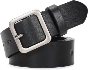 XZQTIVE Women’s Leather Belts for Jeans Pants Dresses Fashion Ladies Black Belt with Square Buckle