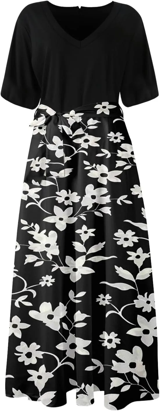 ZEFOTIM Long Dresses for Women Casual Sexy Floral Dress Short Sleeve V Neck Dresses with Slit