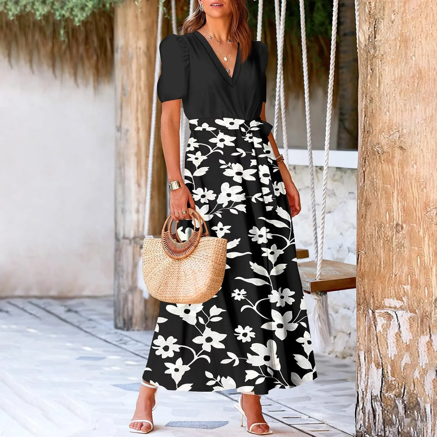 ZEFOTIM Long Dresses for Women Casual Sexy Floral Dress Short Sleeve V Neck Dresses with Slit