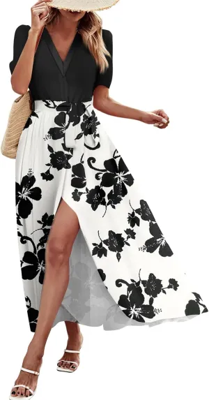 ZEFOTIM Long Dresses for Women Casual Sexy Floral Dress Short Sleeve V Neck Dresses with Slit